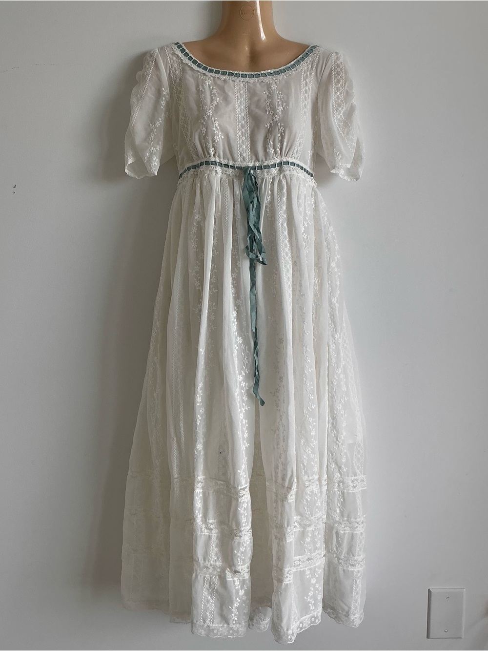 White lace Bridgerton style empire waist Victorian style dress eyelet babydoll